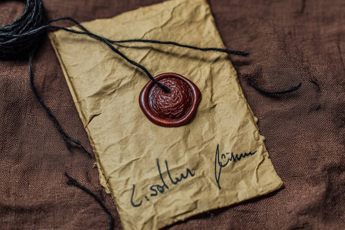 Handwritten labels, wax seal, and clay copita